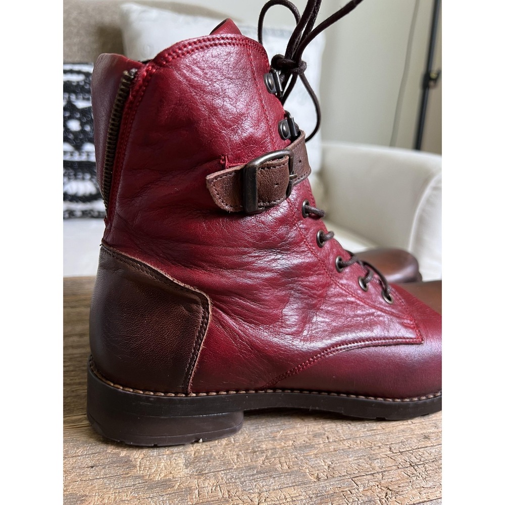 Jafa Boots Womens Size 41 10 Red Brown Leather Combat Ankle Buckle Zip Lace Up - Picture 8 of 13